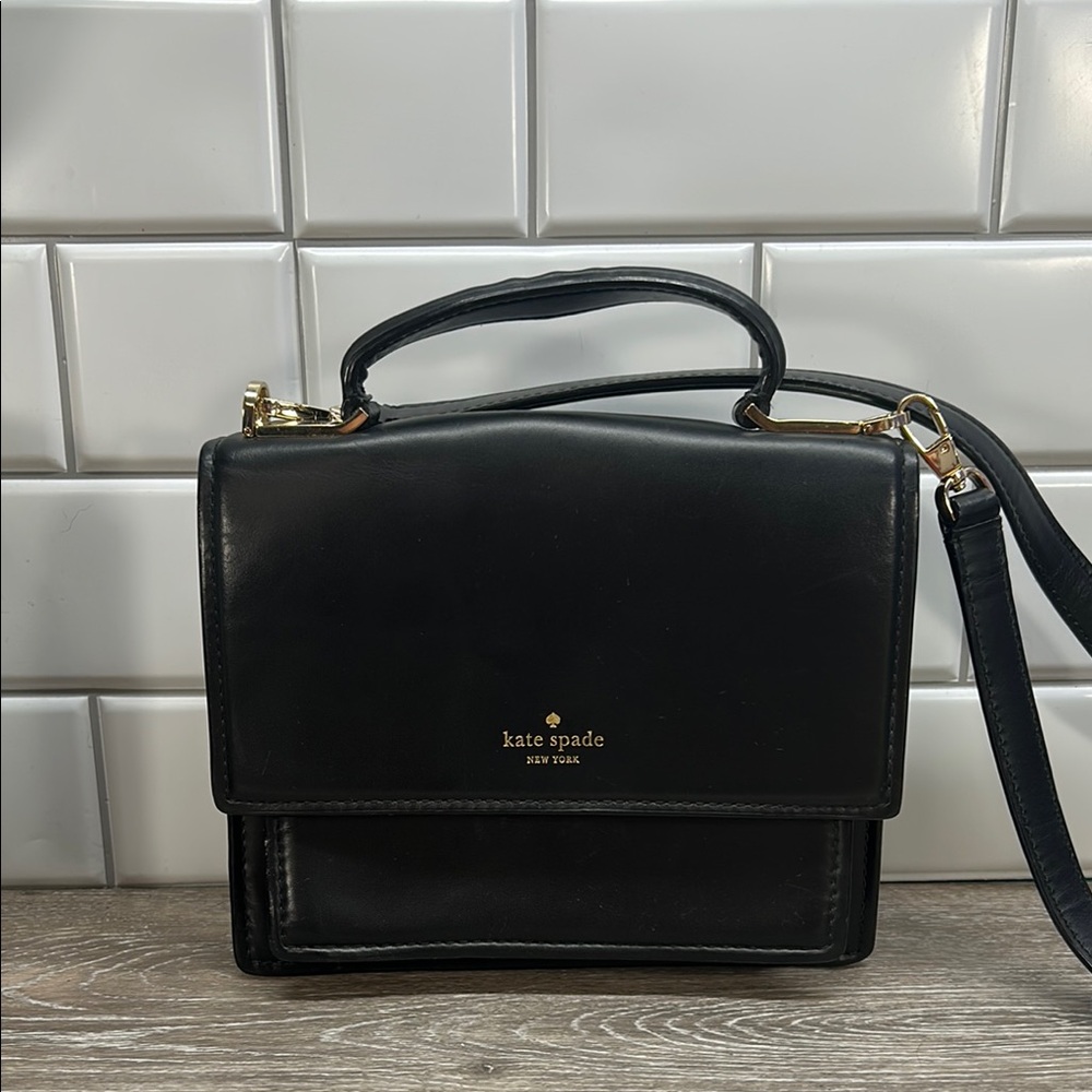 kate spade Black Leather Top-Handle Crossbody Bag with Gold Hardware